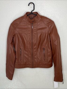 Jou Jou Women’s Faux Leather Brown Moto Jacket Zip Up Size XS  NWT